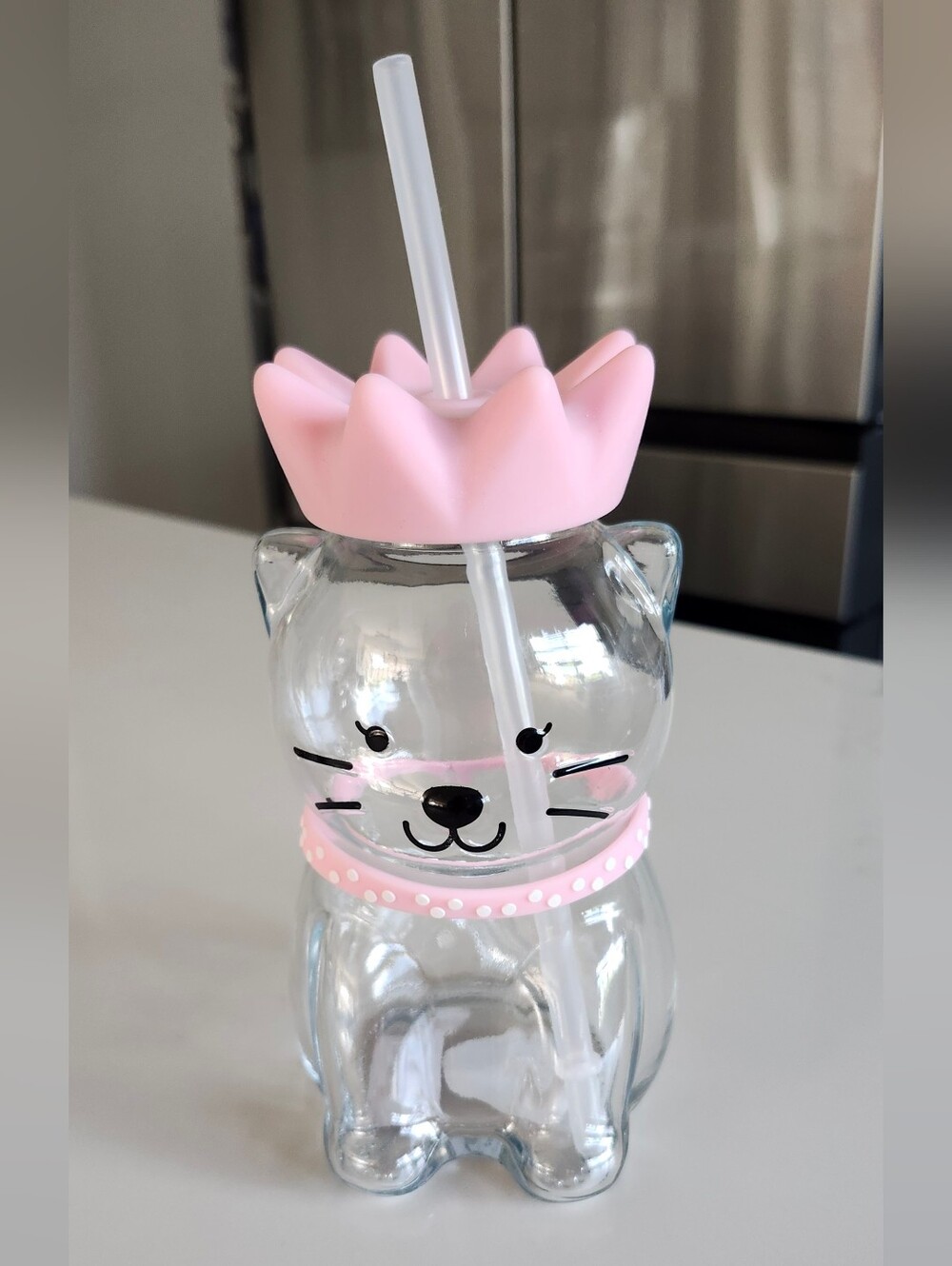 Pink Crown Cat Glass Drinking Cup with Straw